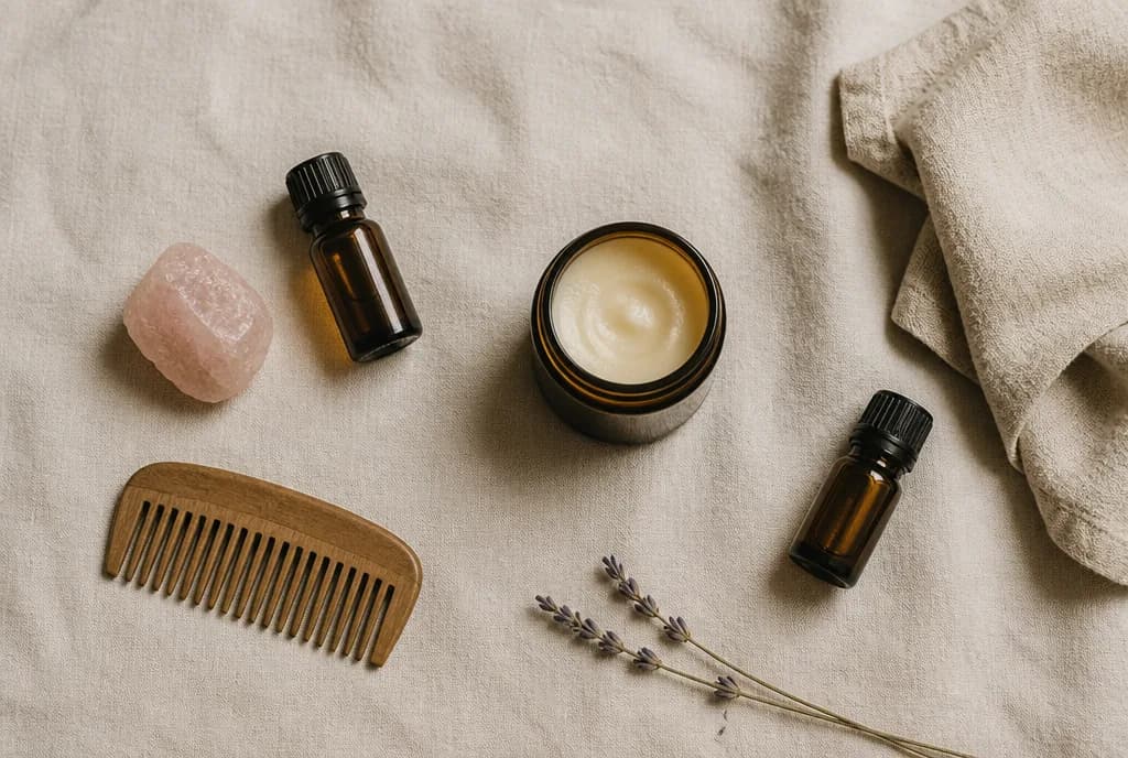 A flat lay of tallow balm, essential oils, a crystal, a comb, and dried lavender on linen